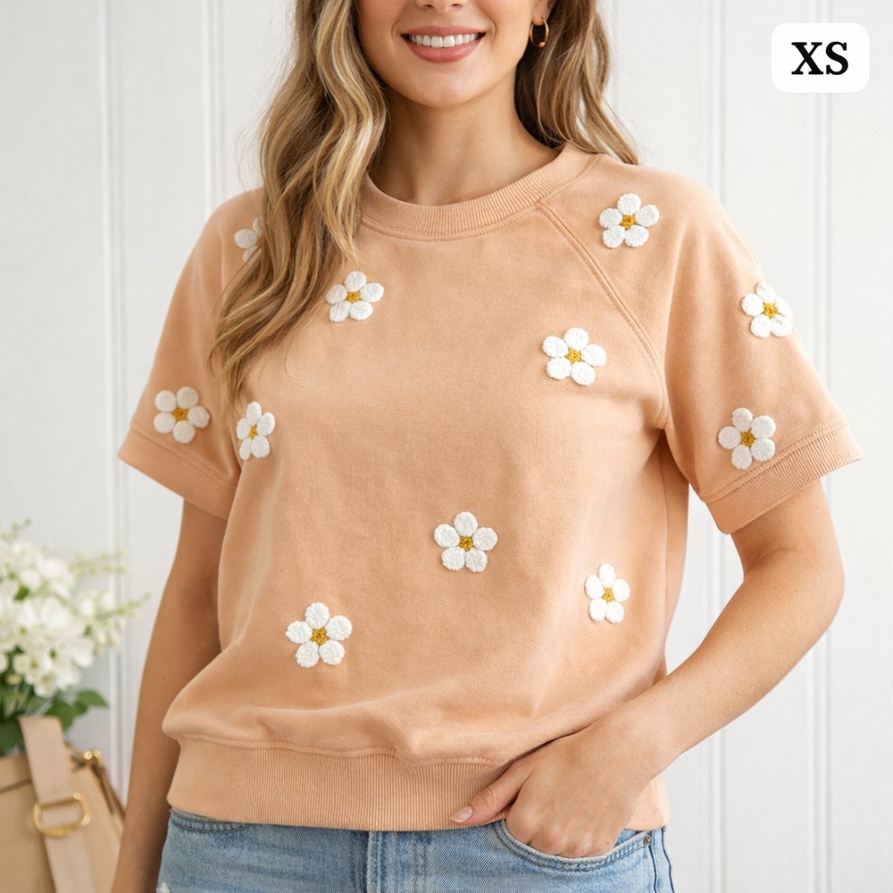 Current Air Peach Daisy Embroidered Sweatshirt